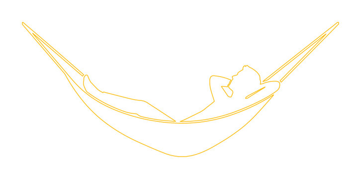 ハンモックでリラックスする人物のミニマルな線画イラスト、夏の休暇やアウトドアレジャーを象徴するベクターアイコン、シンプルなデザインでウェブサイトやアプリに最適