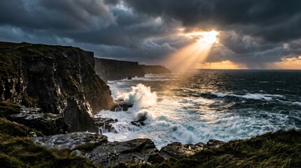 Fototapeta premium Dark sky opening over coastal cliffs, sunlight illuminating waves crashing below, powerful transition 