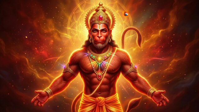 Hanuman Ji neon energy divine cosmic wallpaper.