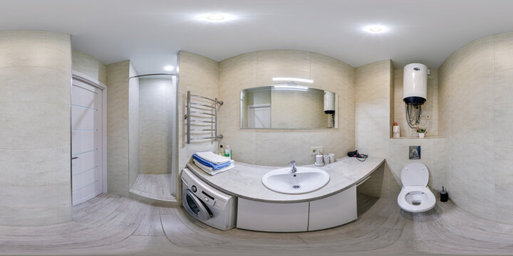 white seamless 360 hdr panorama in interior of expensive bathroom in modern flat apartments or hotel with washbasin in equirectangular projection with zenith and nadir. VR AR content