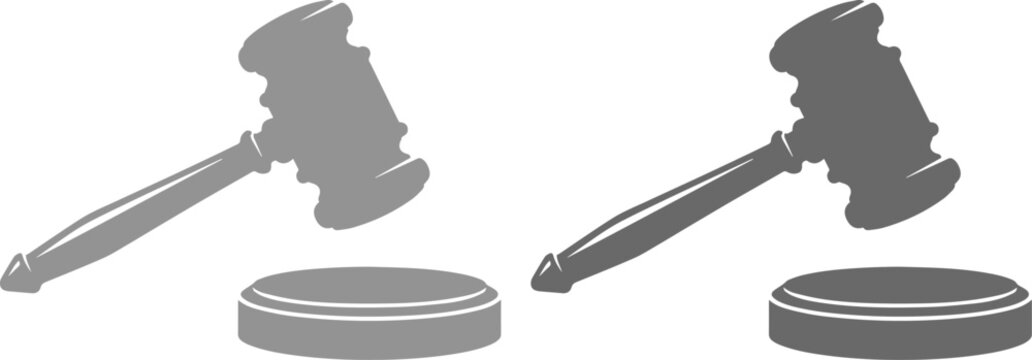 裁判所のシンボル、法と正義を象徴する木槌と台座のモノクロベクターイラストセット、法律関連のウェブサイトやプレゼンテーションに最適なアイコン素材