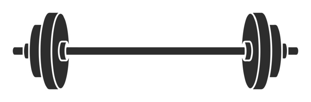 シンプルなバーベルのモノクロベクターイラスト、筋力トレーニングやフィットネス、健康的なライフスタイルを象徴するスポーツ用品のアイコン、ジムやエクササイズ関連デザインに最適なグラフィック素材