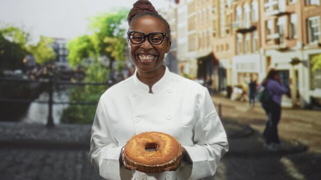 Woman chef holding a golden bundt cake in both hands while smiling on a cobblestone street by a canal and storefronts; joy celebration baking.