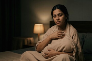 Obraz premium Mother feeding newborn at night tired expression.
