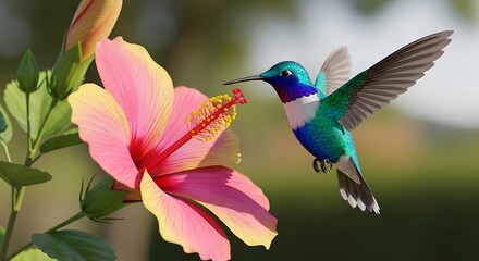 Obraz premium A vibrant hummingbird feeding on a delicate pink flower in nature