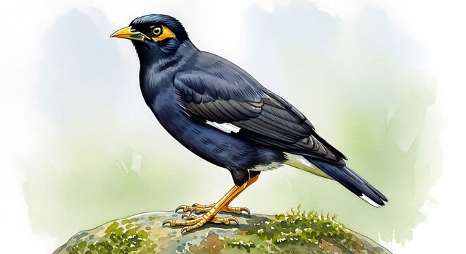 A striking black drongo perched on a moss-covered rock in its natural habitat