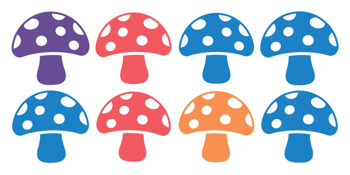 カラフルなドット柄のキノコ8個セット、ファンタジーや森のテーマにぴったりの可愛いベクターイラスト素材、子供向けデザインや装飾に最適