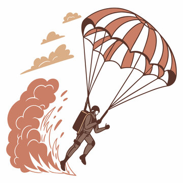A stylized illustration depicts a skydiver descending with a striped parachute drifting amongst fluffy clouds and fiery plumes high quality professional detailed