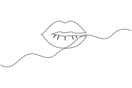 Biting Lips Continuous One Line Drawing Minimal Woman Face Abstract Outline Vector Illustration