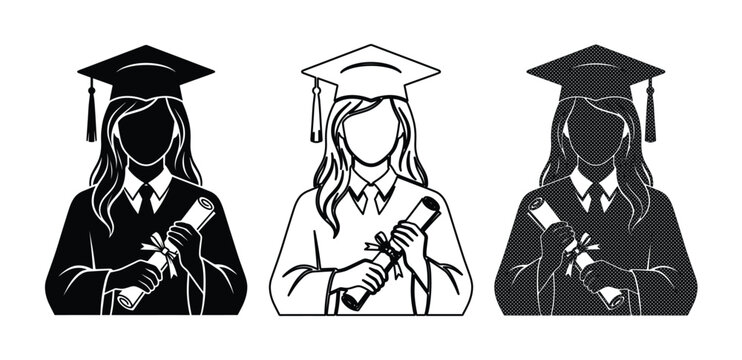 卒業証書を持つ女性の卒業生アイコンセット、学士帽とガウンを着用した学生のシルエットと線画、教育と達成を祝うベクターイラスト