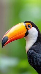 Fototapeta premium Close up vertical portrait of a Toco Toucan, focus on the bright orange oversized beak and blue eye, soft blurred green background, detailed feather texture