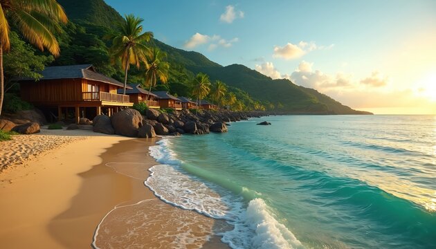 Tropical beach with wooden bungalows on stilts. Calm turquoise water laps sandy shore. Lush green hills rise behind palm trees. Sun sets over ocean horizon.