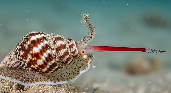 Cone snail with red proboscis extending on sandy seabed underwater