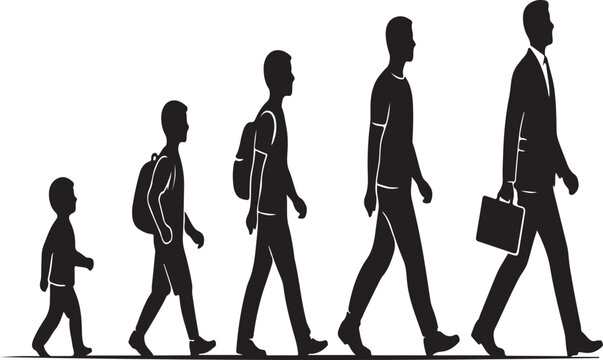 Evolution of man a silhouette progression depicting life stages from childhood to professional adulthood
