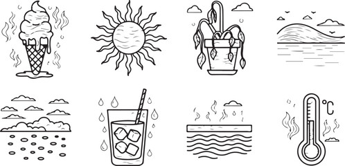 Illustrated collection of simple objects and creatures in black and white line art Vector © Runa