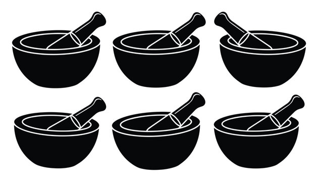薬研と乳棒のモノクロベクターアイコンセット、伝統的な薬作りやハーブ調合に使う道具のシンプルなイラスト、医療、料理、科学実験のシンボル、6種類のバリエーション