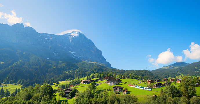 train coming down from Kleine Scheidegg, Eiger mountain. landscape Grindelwald switzerland