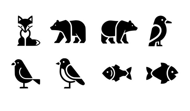 Minimal wild animal silhouette icon set fox bear bird fish vector isolated on white background