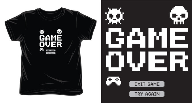 Retro pixel art game over design with skull and controller icons on black shirt mockup.
