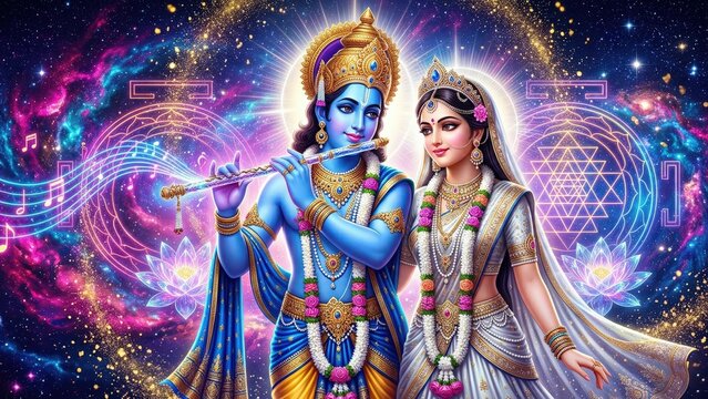 Radha Krishna cosmic neon universe spiritual wallpaper.