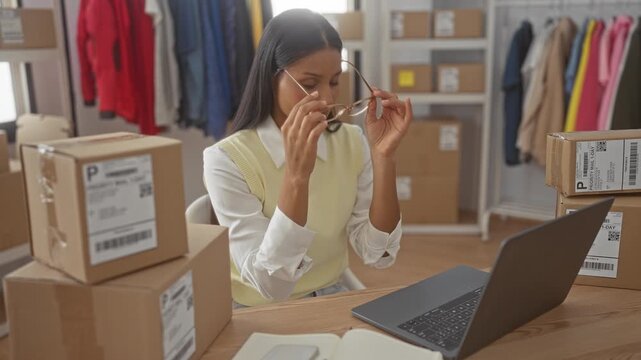 Woman pinches nose holding glasses at studio desk with laptop, shipping boxes and clothing rack; frustration overwhelm.