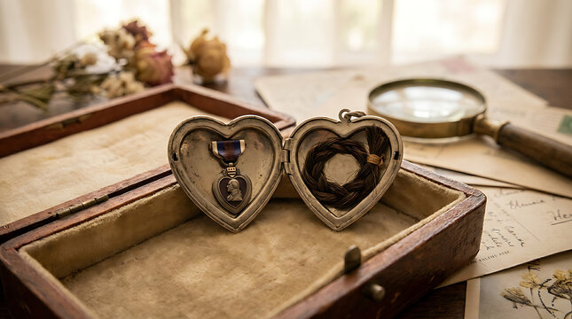 Antique Silver Heart Shaped Locket Opened Displaying Miniature Medal and Braided Hair Within a Keepsake Box