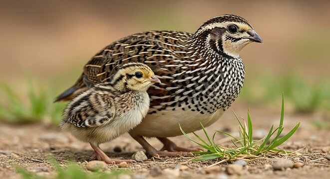 Adult and juvenile quail walking together in a grassy field.