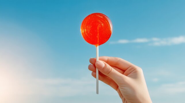 translucent red lollipop held up to the sun, glowing from within, blue sky, sweet childhood memory, vibrant red color