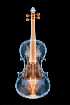 X ray photography of a violin. Visible wood grain structure, internal sound post, strings, and tuning pegs. Elegant, symmetrical composition on black background