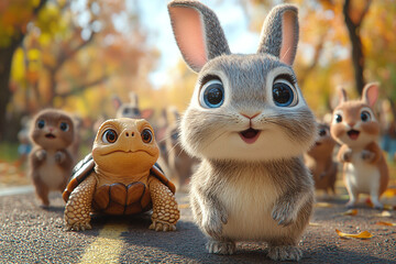 Fototapeta premium A cartoon rabbit and tortoise wait at the starting line of a race in a cheerful outdoor scene. Fable, competition, patience, and playful storytelling define the illustration.