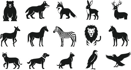 Fototapeta premium Collection of 12 animal silhouettes in black and white