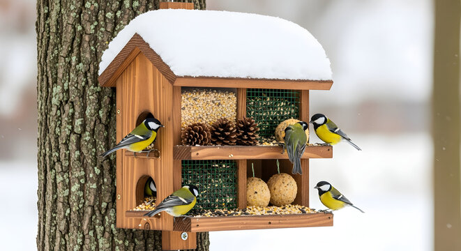 Winter birdhouse with great tits cozy wildlife scene in snowy forest