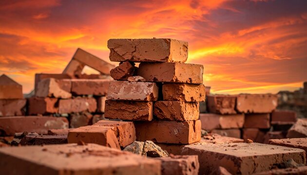 Pile of weathered red bricks with one stack centered. Orange sunset sky dominates the background with scattered bricks