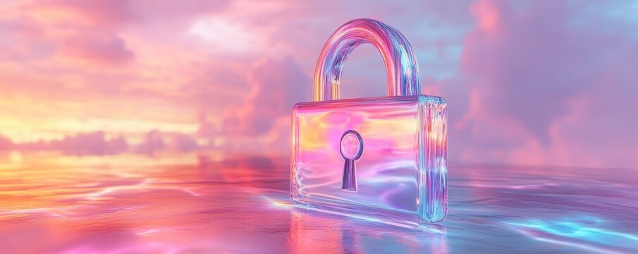 Iridescent Padlock Against Vibrant Sunset - Security and Protection Concept