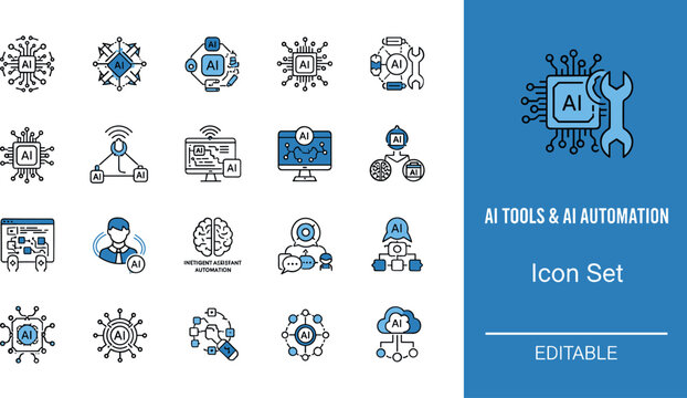 AI tools and automation flat icon set with machine learning robotics data processing and artificial intelligence symbols for technology design