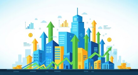 Fototapeta premium 3d cityscape with upward growth arrows and financial icons for business success