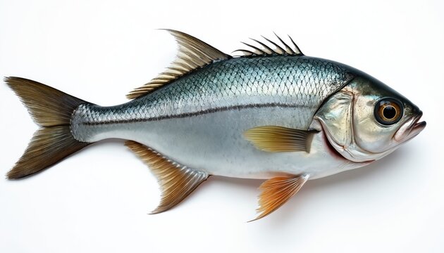 Raw tambaqui fish isolated on white background showing detailed scales and skin. Healthy food source from tropical waters. Aquatic life, edible protein.