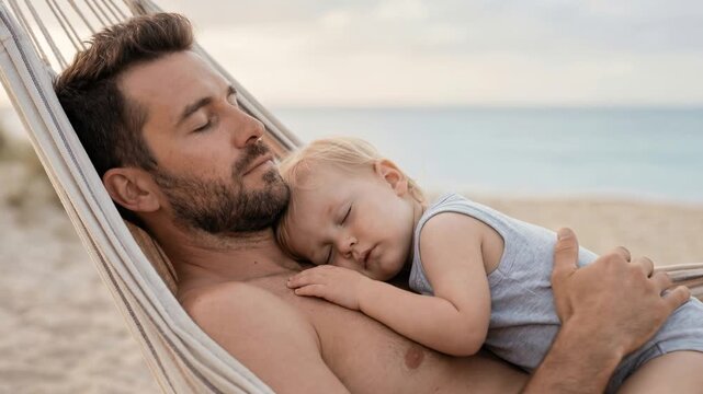 A young father and his young child sleep peacefully together in a white hammock on a sandy beach by the ocean. Summer vacation, family getaway, a serene moment, the bond of fatherhood, a nap.