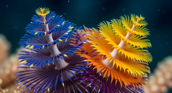 Vibrant Christmas tree worms with colorful spiral plumes in deep blue ocean water