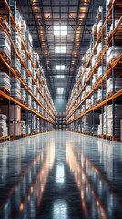 Fototapeta premium Modern warehouse interior with endless storage racks and reflective industrial floor.
