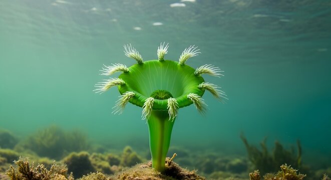 Green Sea Anemone Underwater with Tentacles Swaying in Ocean Currents