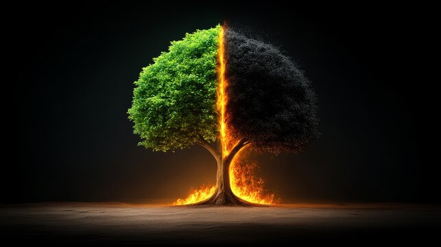 Destructive fire meets nurturing growth a dichotomy of nature forest digital art dark environment close-up environmental contrast