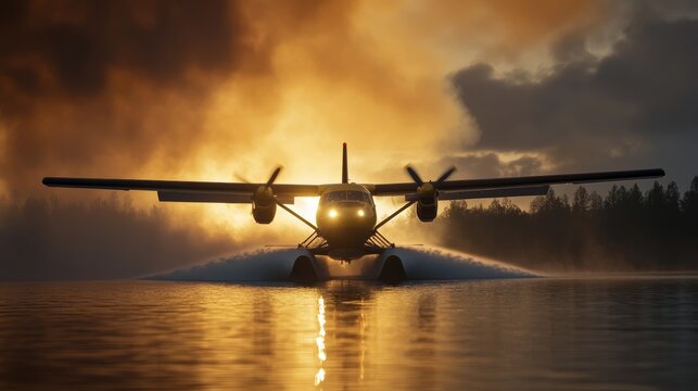Seaplane takeoff at sunset remote lake aerial adventure tranquil waters serene atmosphere exploration of nature