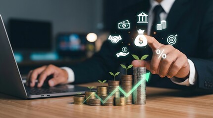 Naklejka premium Businessman interacts with growing coin stacks and financial icons, symbolizing successful investment and wealth management.