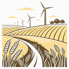 A stylized illustration depicts a rural landscape featuring wind turbines golden wheat fields and a winding country road high quality professional detailed © MST SABLRON