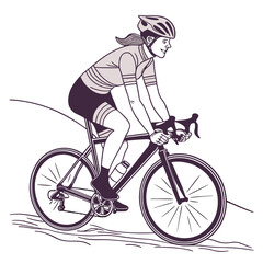 Naklejka premium A stylized illustration depicts a female cyclist intensely focused while riding a road bike along a winding path high quality professional detailed