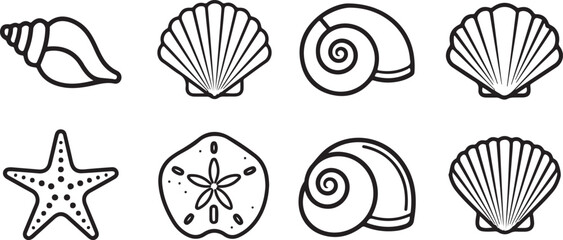 Simple line drawings of various birds, crab, and flowers in black and white Vector © Runa