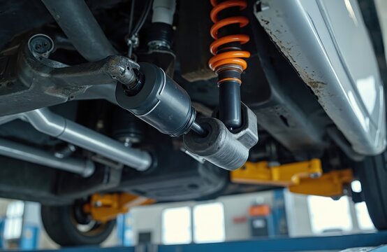 Car undercarriage shows suspension linkage, shock absorber with orange coil spring. Lifted vehicle on repair in garage. Underside mechanical parts visible.