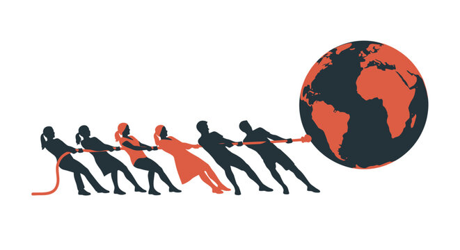 Diverse team collaborating to pull the Earth in a symbolic global effort.