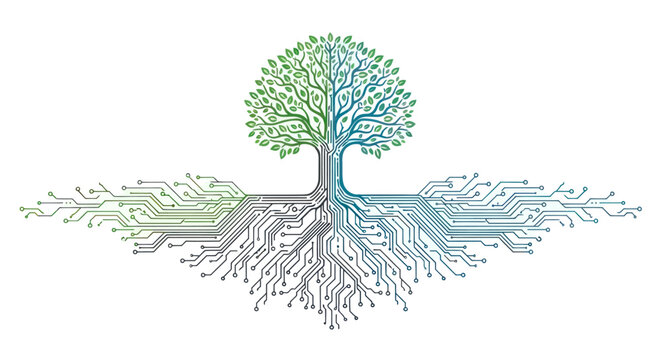 Digital tree with circuit board roots symbolizing nature and technology integration.
